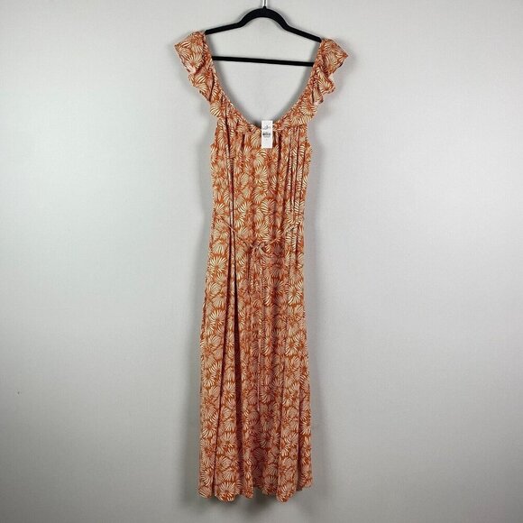 Loft Leafed Flutter Strap Pocket Midi Dress Large Orange Tie Waist Side Slit - Picture 1 of 12